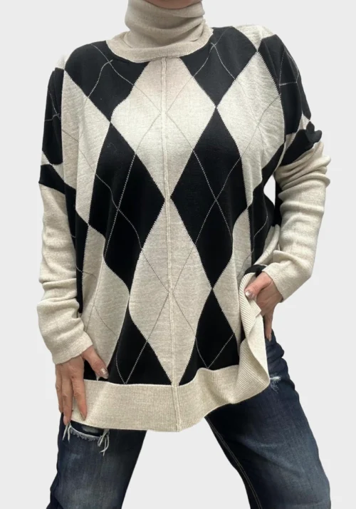 Maglione Oversize con Fantasia Argyle e Collo Alto Foto 1